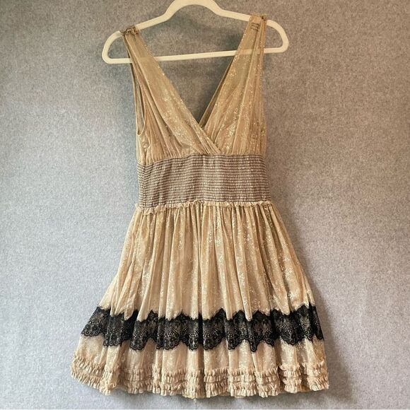 Free People Fancy Lace Metallic Baby Doll Whimsy Fairy Dress Y2K  Mini M  #AJ - Picture 3 of 12
